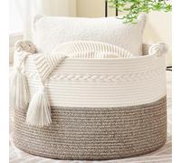 KAKAMAY Large Cotton Rope Storage Basket (20"x13"),Woven Baby Laundry Hamper，Blanket Basket for Nursery, Laundry, Living Room, Pillows, Toys （White/Beige）