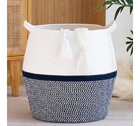 KAKAMAY Woven Baskets for Storage(17"x17"),Large Cotton Rope Basket Woven Baby Laundry Hamper,Collapsible Laundry Basket, Blanket Basket for Living Room,Nursery,Clothes, Toy chest(Navy Blue)
