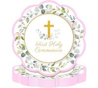 KaKan 50PCS 9" First Communion Decorations,Pink Floral First Holy Communion Dinner Plates,Mi Primera Comunion Decorations for Christening Church Baptism Decor