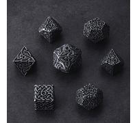 KakapopoTCG Endless Darkness Tarnished Black Extra Large Extra Heavy Polyhedral Metal Dice Set 7 Piece Celtic Knots DnD Dungeons and Dragons Call of Cthulhu Pathfinder RPG Dice Warlock Rogue Dice