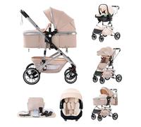 Kakbgee 3 in 1 Baby Stroller, Pushchair One-Click Folding, City Pram Travel System, Baby Buggy, Carrycot & Car Seat Unit with Mosquito Net, High Landscape Stroller for Newborn 0-4Years, Beige