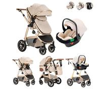 Kakbgee 3 in 1 Pram Travel System, Baby Stroller with ECE R129 Car Seat, Pushchair Height Adjustable Handle with Rain Cover, High View Aluminum Frame Pram for Newborn (0-4 Years, 22KG)