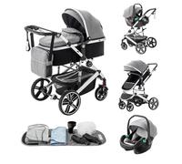 Kakbgee 3-in-1 Pram Travel System, Pushchair Travel System with ECE R129 Car Seat, Height Adjustable Handle Baby Pram, High View Aluminum Frame Baby Stroller for Newborn, Grey(0-4Years, 22KG)