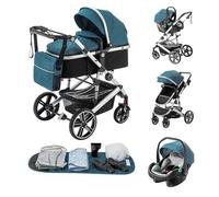 Kakbgee 3-in-1 Pram Travel System, Pushchair Travel System with ECE R129 Car Seat, Height Adjustable Handle Baby Pram, High View Aluminum Frame Baby Stroller for Newborn, Blue(0-4Years, 22KG)