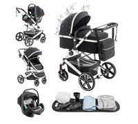 Kakbgee 3 in 1 Pushchair Travel System, Pram Travel System with ECE R129, Height Adjustable Handle Baby Pram, High View Aluminum Frame Baby Stroller for Newborn, Black(22KG, 0-4Years)