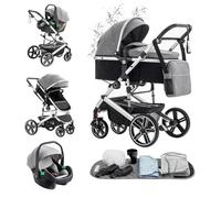Kakbgee 3 in 1 Pushchair Travel System, Pram Travel System with ECE R129, Height Adjustable Handle Baby Pram, High View Aluminum Frame Baby Stroller for Newborn, Grey(22KG, 0-4Years)