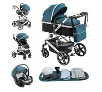 Kakbgee 3 in 1 Pushchair Travel System, Pram Travel System with ECE R129, Height Adjustable Handle Baby Pram, High View Aluminum Frame Baby Stroller for Newborn, Blue(22KG, 0-4Years)