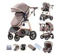 Kakbgee 3 in 1 Stroller, City Pram Travel System, Pushchair Adjustable Height Handle, Buggy & ECE R129 Car Seat, Mosquito Net, High Landscape Aluminium Frame Carrycot for Newborn 0-4Year, Kakhi