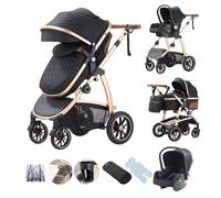 Kakbgee 3 in 1 Stroller, City Pram Travel System, Pushchair Adjustable Height Handle, Buggy & ECE R129 Car Seat, Mosquito Net, High Landscape Aluminium Frame Carrycot for Newborn 0-4Year, Black