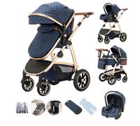 Kakbgee 3 in 1 Stroller, City Pram Travel System, Pushchair Adjustable Height Handle, Buggy & ECE R129 Car Seat, Mosquito Net, High Landscape Aluminium Frame Carrycot for Newborn 0-4Years, Blue
