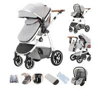 Kakbgee 3 in 1 Stroller, City Pram Travel System, Pushchair Adjustable Height Handle, Buggy & ECE R129 Car Seat, Mosquito Net, High Landscape Aluminium Frame Carrycot for Newborn 0-4Year, LightGrey