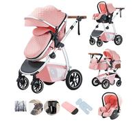 Kakbgee 3 in 1 Stroller, City Pram Travel System, Pushchair Adjustable Height Handle, Buggy & ECE R129 Car Seat, Mosquito Net, High Landscape Aluminium Frame Carrycot for Newborn 0-4Year, Pink
