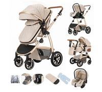 Kakbgee 3 in 1 Stroller, City Pram Travel System, Pushchair Adjustable Height Handle, Buggy & ECE R129 Car Seat, Mosquito Net, High Landscape Aluminium Frame Carrycot for Newborn 0-4Years, Beige