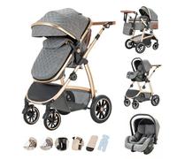 Kakbgee 3 in 1 Stroller, City Pram Travel System, Pushchair Adjustable Height Handle, Buggy & ECE R129 Car Seat, Mosquito Net, High Landscape Aluminium Frame Carrycot for Newborn 0-4Years, Grey