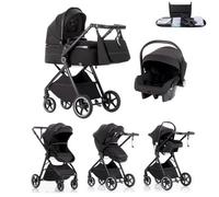 Kakbgee 3 in 1 Travel System, Foldable Pram, 7 Height-Adjustable Handle, Stroller 4-PU Wheel Suspension, Baby Buggy with Mosquito Net Raincover, Newborn Pushchair 0-3 Years, Black