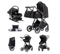 Kakbgee 3 in 1 Travel System, Foldable Pram, 7 Height-Adjustable Handle, Stroller 4-PU Wheel Suspension, Baby Buggy with Mosquito Net Raincover, Newborn Pushchair 0-3 Years, Black-Base