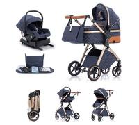 Kakbgee 3 in 1 Travel System, Foldable Pram, 7 Height-Adjustable Handle, Stroller 4-PU Wheel Suspension, Baby Pram with Mosquito Net Raincover, Newborn Pushchair 0-3 Years