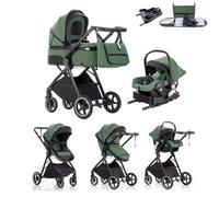 Kakbgee 3 in 1 Travel System, Foldable Pram, 7 Height-Adjustable Handle, Stroller 4-PU Wheel Suspension, Baby Buggy with Mosquito Net Raincover, Newborn Pushchair 0-3 Years, Green-Base