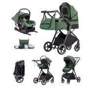 Kakbgee 3 in 1 Travel System, Foldable Pram, 7 Height-Adjustable Handle, Stroller 4-PU Wheel Suspension, Baby Buggy with Mosquito Net Raincover, Newborn Pushchair 0-3 Years, Green-Base