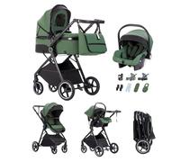 Kakbgee 3 in 1 Travel System, Foldable Pram, 7 Height-Adjustable Handle, Stroller 4-PU Wheel Suspension, Baby Buggy with Mosquito Net Raincover, Newborn Pushchair 0-3 Years, Green