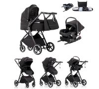 Kakbgee 3 in 1 Travel System, Foldable Pram, 7 Height-Adjustable Handle, Stroller 4-PU Wheel Suspension, Baby Buggy with Mosquito Net Raincover, Newborn Pushchair 0-3 Years, Black-Base