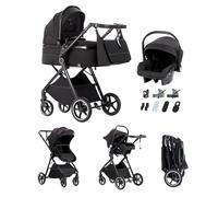 Kakbgee 3 in 1 Travel System, Foldable Pram, 7 Height-Adjustable Handle, Stroller 4-PU Wheel Suspension, Baby Buggy with Mosquito Net Raincover, Newborn Pushchair 0-3 Years, Black