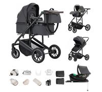 Kakbgee 3-in-1 Travel System, Foldable Pram with ISOFIX Base, Height-Adjustable Handle, 4-Wheel Suspension, Rain Cover, Mosquito Net, All Terrain Travel System for Newborns 0-4 Years, 22 KG