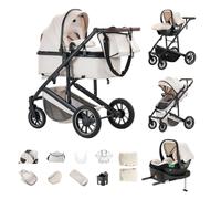 Kakbgee 3-in-1 Travel System, Foldable Pram with ISOFIX Base, Height-Adjustable Handle, 4-Wheel Suspension, Rain Cover, Mosquito Net, All Terrain Travel System for Newborns 0-4 Years, 22 KG