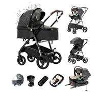 Kakbgee 3-in-1 Travel System, Leather Pram with ISOFIX Base, One-Click Folding, All Terrain Stroller, Rain Cover, Cup Holder, High Landscape Pram for Newborns 0-4 Years, 22 KG