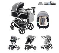 Kakbgee 3-in-1 Travel System with Car Seat, Foldable Pram, Height-Adjustable Handle, 4-Wheel Suspension, Rain Cover, Mosquito Net, All Terrain Travel System for Newborns 0-4 Years (22 KG), Grey