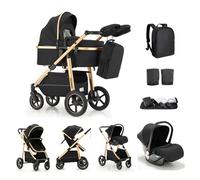 Kakbgee Baby Stroller 3 in 1, City Pram Travel System, Pushchair Height Adjustable Handle, Baby Buggy, Carrycot & Car Seat, Mosquito Net, High Landscape Aluminium Frame Pram for Newborn, 22KG, Black