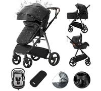 Kakbgee Leather 3 in 1 Baby Stroller, City Pram Travel System, Pushchair One-Click Fold, Buggy & ECE R129 Car Seat, Mosquito Net, High Landscape Aluminium Frame Carrycot for Newborn 0-4Year, Black