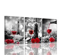 KAKEMONO Red Wine Rose Artwork for Kitchen Walls - Black & White with Red Wine Painting - 12x16in x3pcs - Canvas Art Print