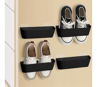 Kaket 4pcs Wall Mounted Shoes Rack Plastic, Hanging Over Door Slipper Holder, Self Adhesive or Drilling Behind The Door Shoe Rack for Shoes Slippers (Black)