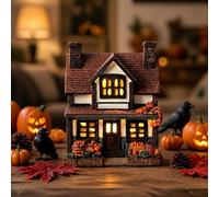 Kaket Resin Vintage Light-Up Pumpkins Cottage, Fall Mini Village Tabletop Decor For Halloween Mantel Shelf Centerpiece Desk, Style 1