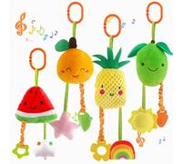 KAKIBLIN Baby Hanging Rattle Toys, 4 Pack Car Seat Stroller Baby Toys Soft Squeaky Toy for Babies Newborn Infant Car Bed Crib Travel Activity, Pineapple and Orange