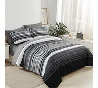 KAKIJUMN 7 Piece Bed in a Bag Stripe Comforter Set Queen Size, White Grey Black Patchwork Striped Comforter and Sheet Set, All Season Soft Microfiber Complete Bedding Sets(Grey,Queen)