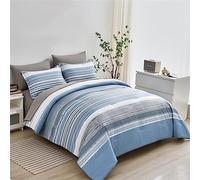 KAKIJUMN 7 Piece Bed in a Bag Stripe Comforter Set Queen Size, White Grey Blue Patchwork Striped Comforter and Sheet Set, All Season Soft Microfiber Complete Bedding Set(Light Blue,Queen)
