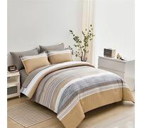 KAKIJUMN 7 Piece Bed in a Bag Stripe Comforter Set Queen Size, White Grey Khaki Patchwork Striped Comforter and Sheet Set, All Season Soft Microfiber Complete Bedding Set(Khaki,Queen)