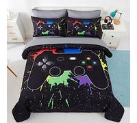 KAKKI 5 Piece Boys Full/Queen Gamer Comforter Set with Sheets, 3D Colorful Video Game Controller Comforter for Kids Teen, All Season Soft Microfiber Gaming Bedding Set(Black,Queen)