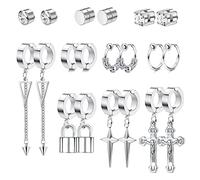 Kakonia 10 Pairs Mens Earrings Stainless Steel Stud Earrings for Men Small Silver Hoop Hypoallergenic Dangle Dangling Cross Black Plain Dangly Stud Earrings Set for Men Women