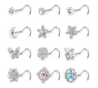 Kakonia 12Pcs 20G Nose Stud for Women Screw L Shaped Nose Studs Stainless Steel Cubic Zirconia Moon Star Snowflake Flower Butterfly Nose Piercing Stud