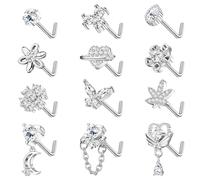 Kakonia 12Pcs 20G Nose Studs L Shape for Women Stainless Steel Small Tiny Silver Long Dangle Nose Studs CZ Heart Moon Butterfly Flat Nose Piercing Jewellery for Women Men JBP13-S