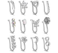 Kakonia 12Pcs Fake Nose Ring for Women Nose Cuffs Non Piercing Jewellery CZ Opal Butterfly Moon Heart Flower Clip On Nose Ring Adjustable Faux Nose Rings Set