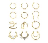 Kakonia 12Pcs Fake Nose Rings Hoop Stainless Steel Faux Septum Piercing Clip On Nose Septum Ring Faux Non-Pierced Nose Rings Earrings Jewelry
