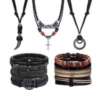 Kakonia 13Pcs Mens Bracelets Necklace Jewelry Set Adjustable Leather Bracelets Necklace for Men Black Brown Tribal Double Circle Pendant Necklaces Handmade Braided Bracelets (JJS07-B)