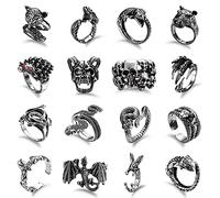 Kakonia 16Pcs Silver Goth Punk Rings Set for Men Women Frog Snake Butterfly Spider Eye Animal Ring Adjustable Cool Gothic Statement Stacking Rings Y2K Accessories
