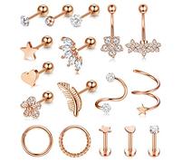 Kakonia 17Pcs Cartilage Earrings for Women Surgical Steel Tragus Helix Daith Rook Conch Piercing Jewelry 16G Rose Gold Earrings