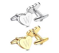 Kakonia 2 Pairs Initial W Set for Men Personalized Unique Heart Alphabet Letter Gold Silver Tuxedo Shirt Mens Cuff Links Business Wedding Gift