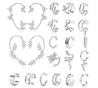 Kakonia 21Pcs 18K Cuff Earrings for Women Silver Gold Ear Cuff Clip on Earrings Fake Non-Pierced No Piercing Vintage Dainty Helix Earring Butterfly Snake Adjustable Ear Cuff Set for Women Men